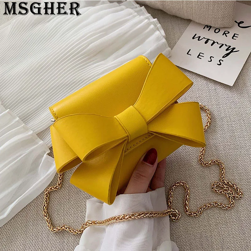 

MSGHER Bowknot Solid Flap Women Bag Summer Cute Party Metal Chain Shoulder Girl Bag Shopping Joker Sweet Female Bag WB2704