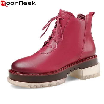 

MoonMeek 2020 New fashion women boots genuine leather boots square heels round toe winter ankle boots black Red wine