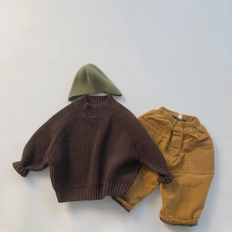 Korean Style New Winter Baby Boys Knitted Sweaters Pure Color Thicken Pullovers Tops Toddlers Kids Sweater
