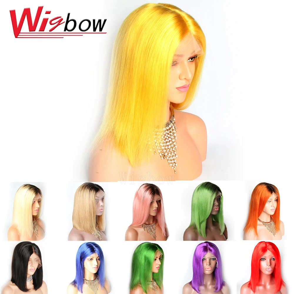 

Yellow Human Hair Bob Wigs Blue Orange Grey Red Purple 613 Blonde 150 Density 13X6 Staight Lace Front Human Hair Wigs For Women