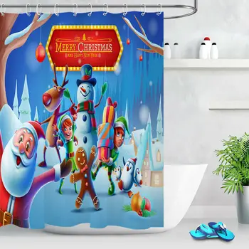 

Happy Holidays Christmas Shower Curtain Kids Santa Snowman Gingerbread