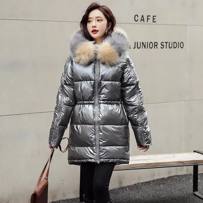 Ly Varey Lin зимние блестящие куртки для женщин с капюшоном Длинная хлопковая парка большой искусственный меховой воротник яркая сторона серебристый Пояс завязывается пальто - Цвет: Dark Grey
