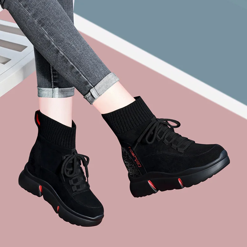 

Douyin Hot Selling Hight-top Socks Boots Women's 2019 Autumn & Winter New Style plus Velvet Elevator Short Boots Thin Boots Spor