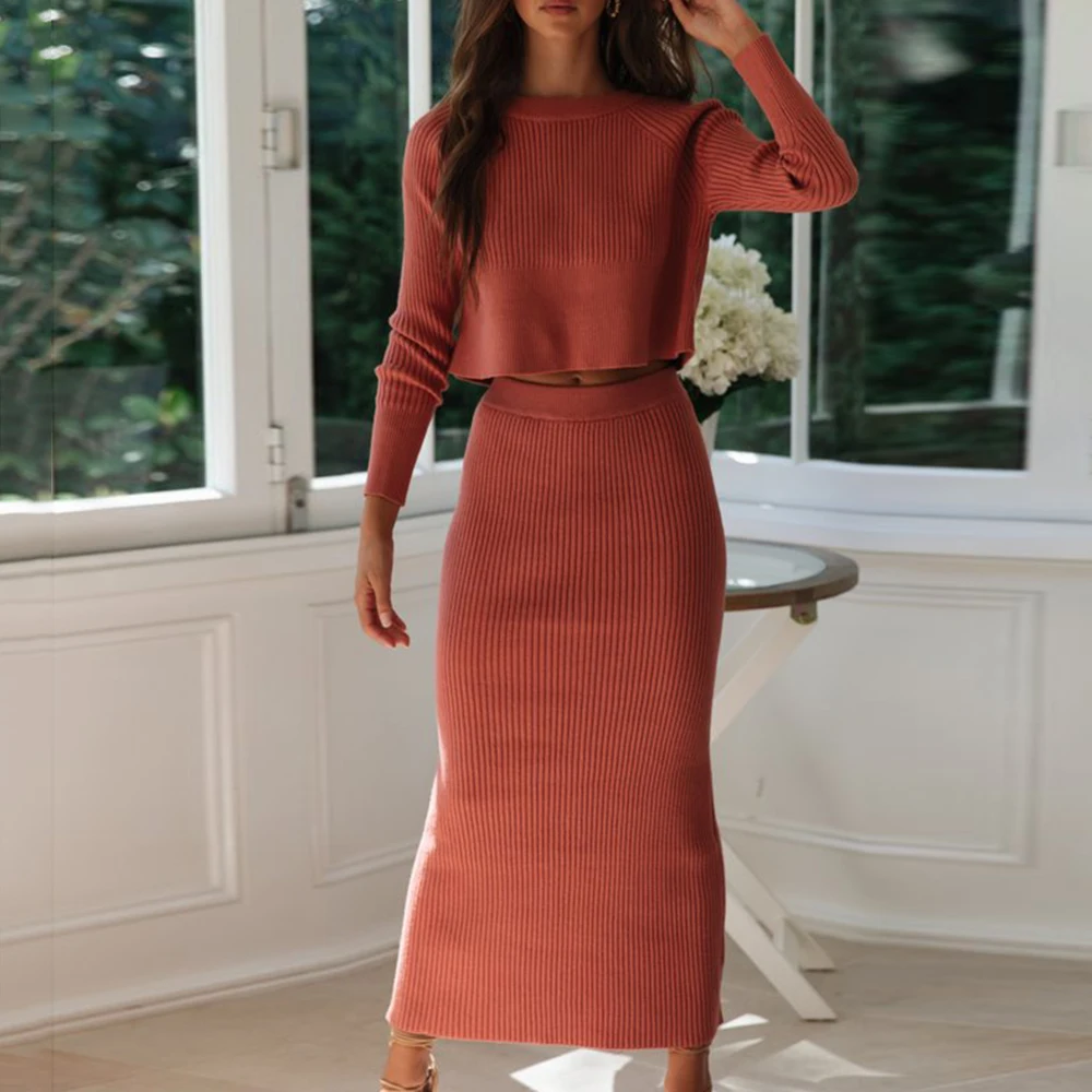 Vertvie Autumn Two Piece Sets Knitted Elegant Tracksuits Female Casual Warm White Sweater Skirts Sexy Lady Winter Suit Sets 2Pcs