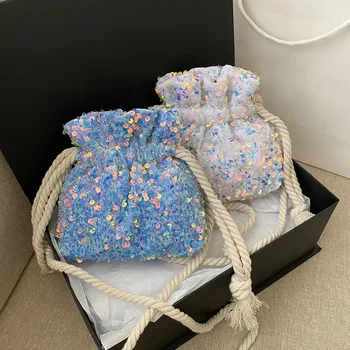 

Fashion Sequins Crossbody Bag Women Drawstring Bucket Small Shoulder Handbag Popular Simple Female Daily Bag