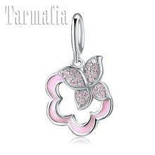 925 стерлингового серебра розовый эмаль цветы циркон бабочки тонкая подвеска Pandora очаровывательный браслет ювелирные изделия изготовление