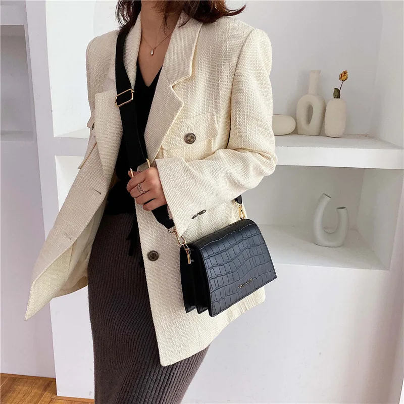 

Popular Bag Women's 2019 New Style Korean-style Shoulder Bag Stone Pattern Textured Simple Wide-Strap Fashion Small Square Bag