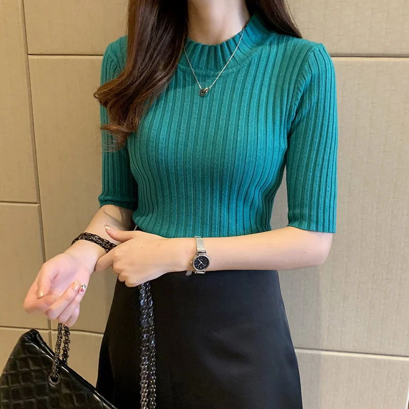 2021 Spring and Autumn Slim Fit Mid-Sleeve Sweater Women's Black Inner Bottoming Shirt Half Sleeve Short Top | Женская одежда