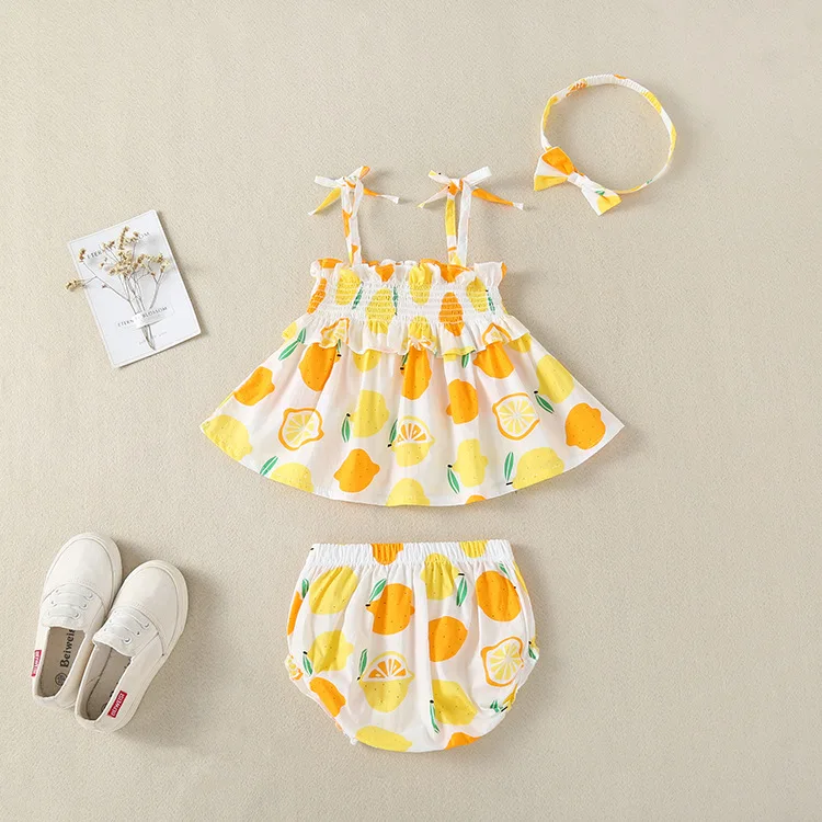 Комплект летней одежды из 3 предметов для маленьких девочек модный комплект одежды на подтяжках с принтом лимона+ штаны+ повязка на голову комплект одежды для малышей - Цвет: AF018-Y