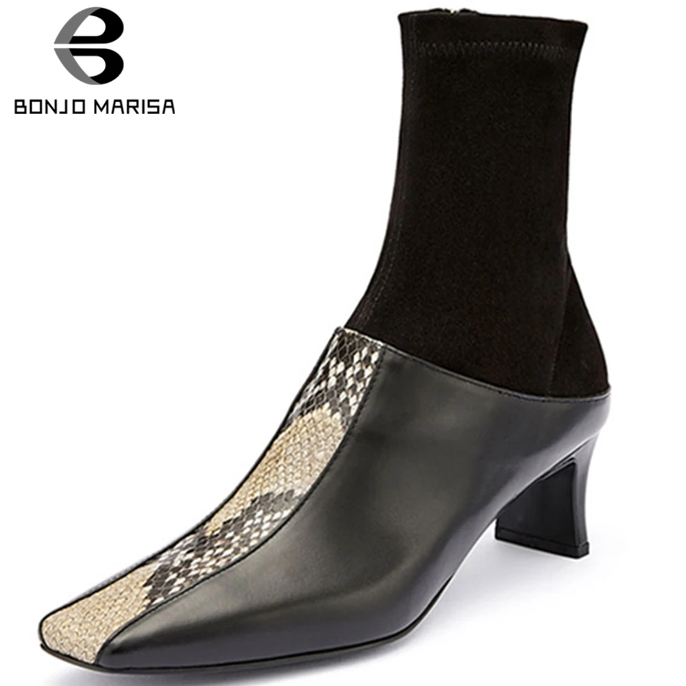 

BONJOMARISA 2020 Brand New Lady Spring Patchwork Sock Boots Square Toe Genuine Leather Ankle Boots Women Med Heel OL Shoes Woman