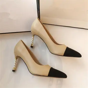 

Sexy Pointed Toe High Heel Shoes Woman Black Leather Thin Heels Pumps White Pearls Decorations Party Dress heels