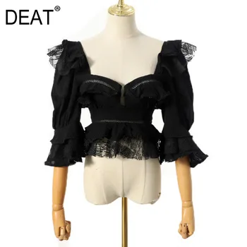 

DEAT New Sexy Big V-neck Blouse Female 2020 Bubble Seven-point Sleeve Short Solid Color Joker Slim Shirt Shirt Women ZA4193