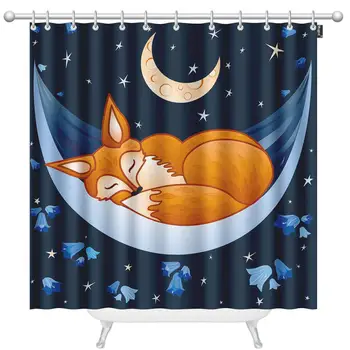 

Fox Shower Curtains Fox Sleeping on Hammock Under The Moon in Cosmos Star Bluebells Decorative Bathroom Waterproof Fabric Shower