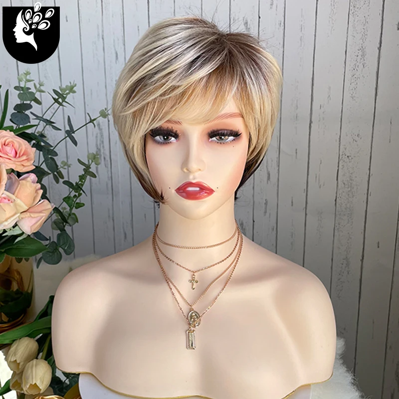 Short Synthetic Mixed Blonde Brown Color Puffy Hair With Bangs Wig For White Women Heat Resistant Natural Wave Hair Daily Wigs synthetic hair bun hairpiece fully short ponytail bun mixed blonde hair chignon with comb bun updo extension for women