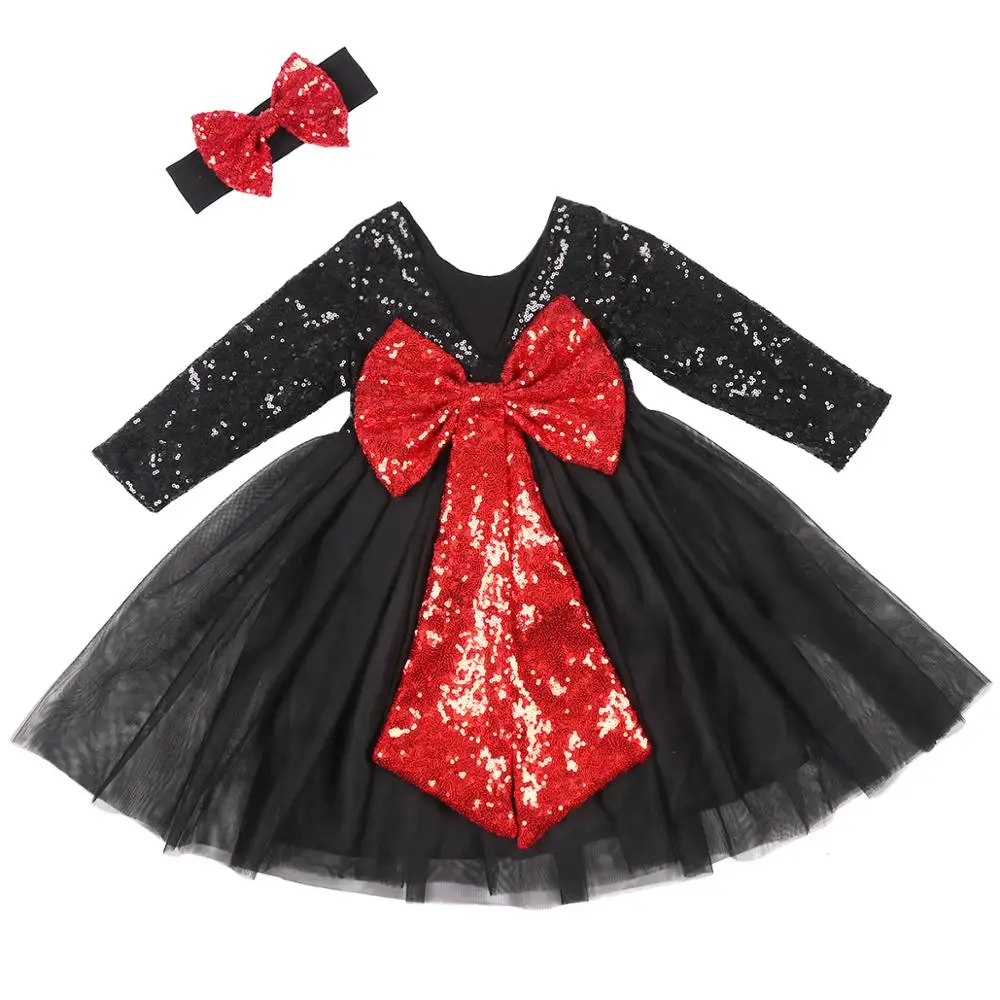 Black Red 18 Платье с длинными рукавами для девочек; сезон зима-осень; вечерние платья-пачки с блестками; платье на день рождения; новое модное рождественское платье - Цвет: Black Red 18