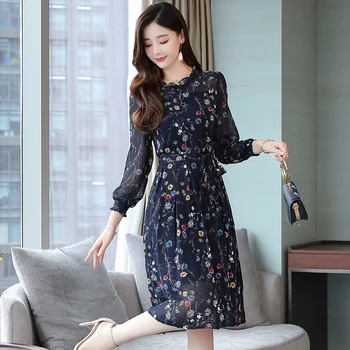 

2020 New Style Female plus Velvet Floral Print Chiffon Dress Child Autumn And Winter Popular Long-Sleeve Temperament Base Ride