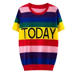 Высококачественная трикотажная футболка в полоску с круглым вырезом и короткими рукавами, с надписью «Today», 2019