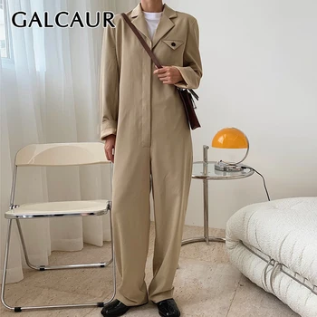 

GALCAUR Casual Jumpsuit For Women Notched Collar Long Sleeve Wide Leg Pants Straight Loose Jumpsuits Female 2020 Autumn Fashion