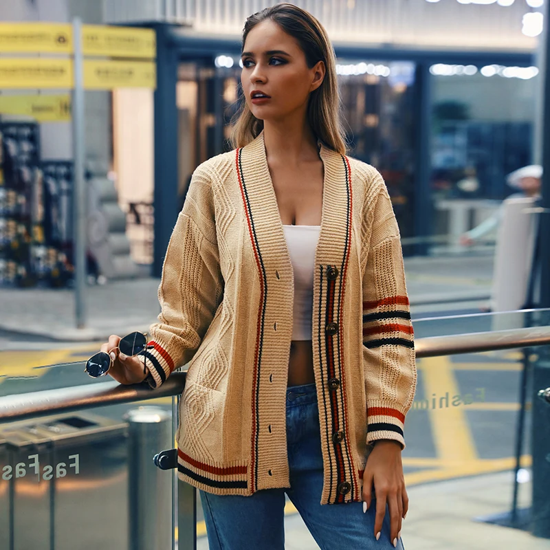 

2019 Jumper Sweater Women 2019ins Explosion Models Europe And The Female Autumn Color Stripes Button V-neck Knit Cardigan Coat