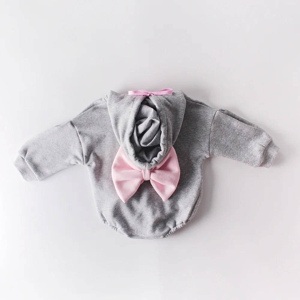 c бантом для новорожденных милые буквы Baby с капюшоном с длинным рукавом хлопковые плюс кашемир с длинным рукавом Детские ползунки, детские комбинезоны на осень и весну, для детей ясельного возраста, комбинезон