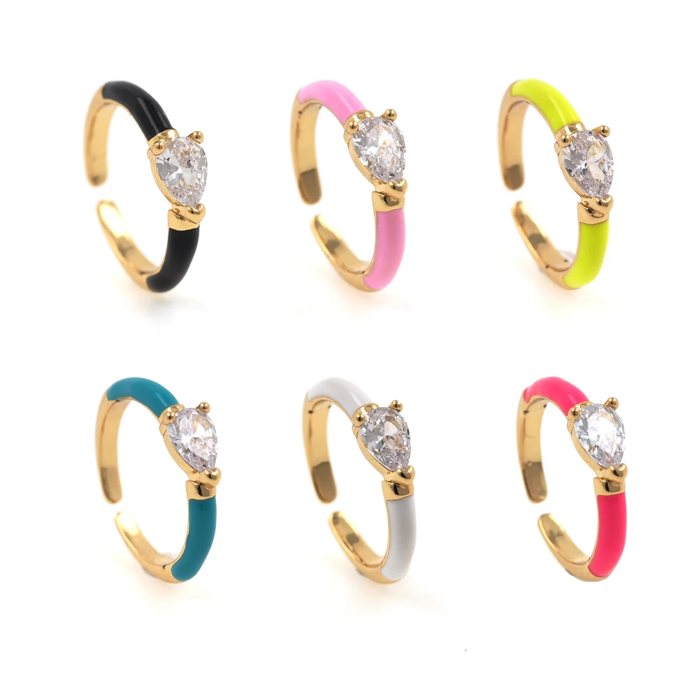 

Gold-Plated Enamel Women's Finger Ring Drop-Shaped Zircon Opening Adjustable Ring Friendship Engagement Wedding Jewelry