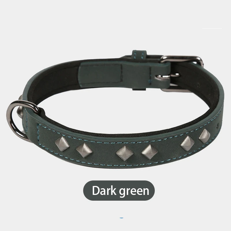 dark green Модный собачий ошейник с заклепками, удобный прочный ошейник из искусственной кожи лабрадор, поводок для шеи, товары для домашних животных для маленьких, средних и больших собак, питбуль - Цвет: dark green