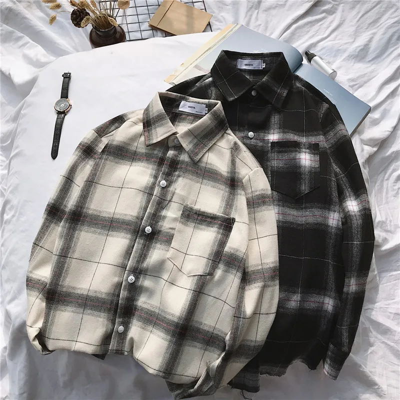 Hot Sale  INS MEN'S Plaid Shirt Hong Kong Style Casual Long-sleeve Blouse Trend Slim Fit Handsome Couples Shi