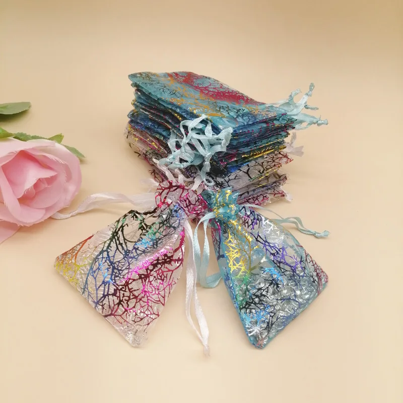 

1000pcs Colorful Coral Striped Organza Bag Drawstring Pouch Gift Bag for Cloth Christhmas Wedding Jewelry Storage Packaging Bags