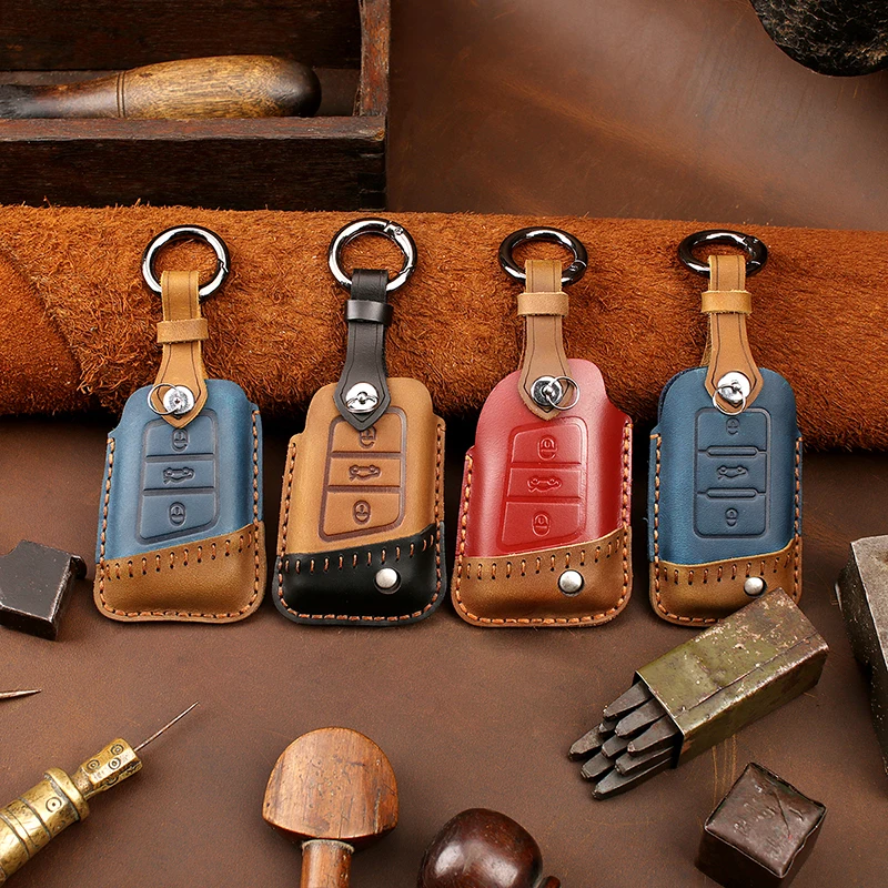 Leather Car Key Case Cover Protector For Volkswagen-VW Golf 7 R MK7 Tiguan For Octavia A7 mad horse leather car key shell bag