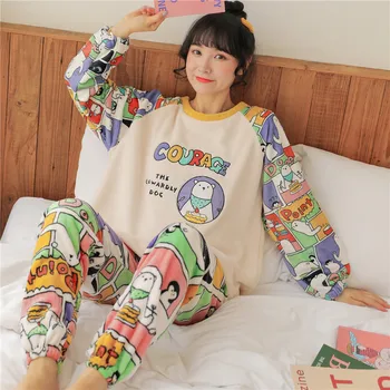 

2020 Autumn and Winter New Products Thick Casual Simple Cartoon Flannel Pajamas Cute Warm Suit for Girls Loungewear Women