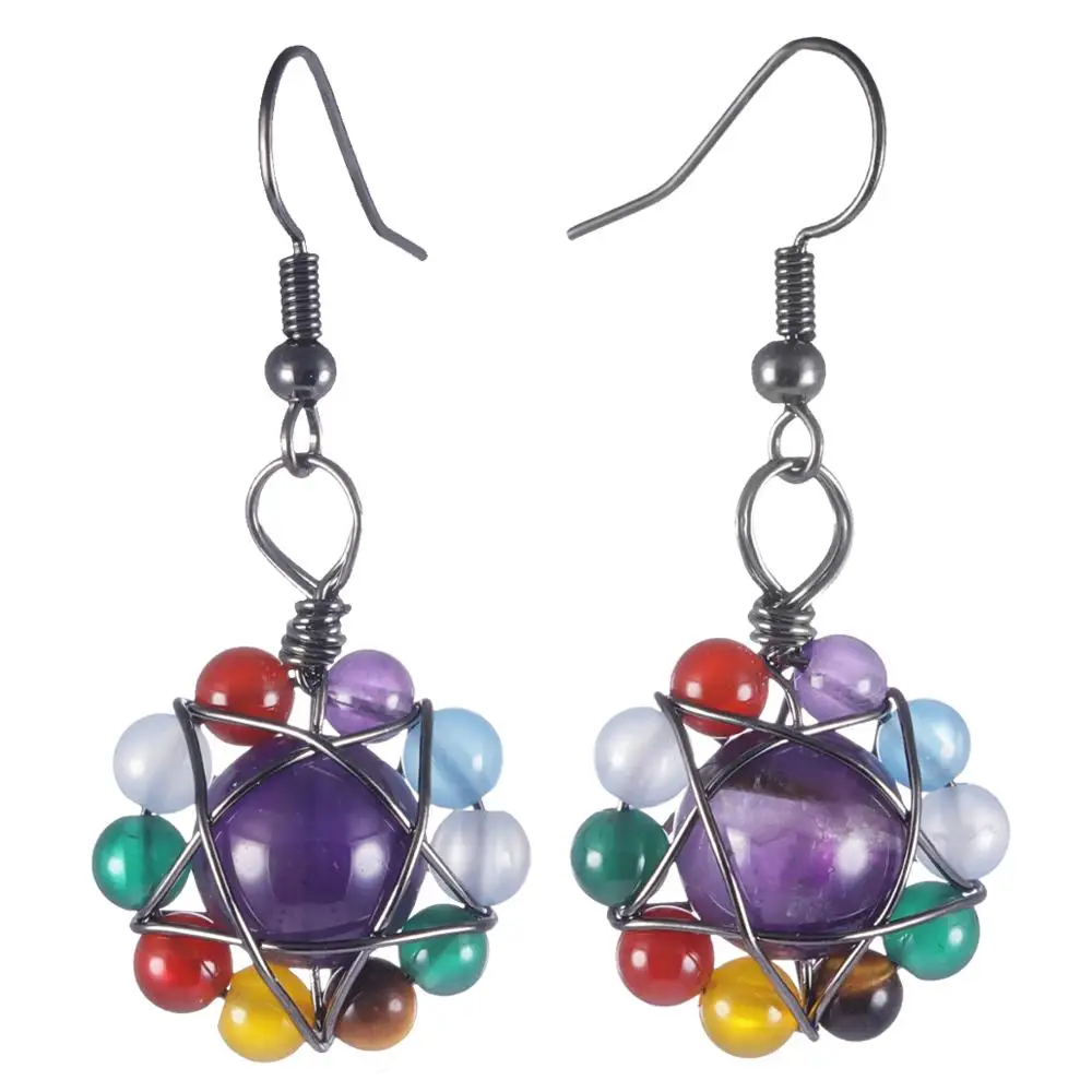 

TUMBEELLUWA Crystal Gem Stone Bead Dangle Earrings for Women,Healing Chakra Crystal Drop Hook Earrings Wire Wrapped Star Jewelry