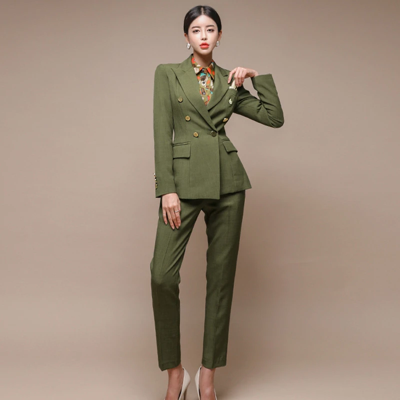 Модный Зеленый Женский блейзер, двубортный тонкий пиджак и брюки-карандаш, женский брючный костюм, женский Рабочий костюм, комплект из 2 предметов