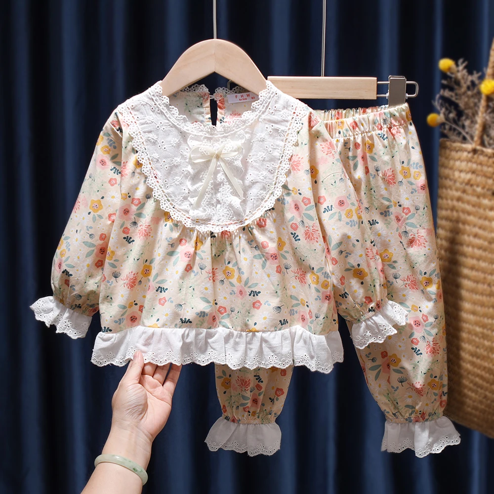 

Baby Girls Long Sleeve Pajamas Set Cute Kids Infant Home Suit Floral Lace Ruffle Toddler Pajama Kids Sleepwear Children Clothes