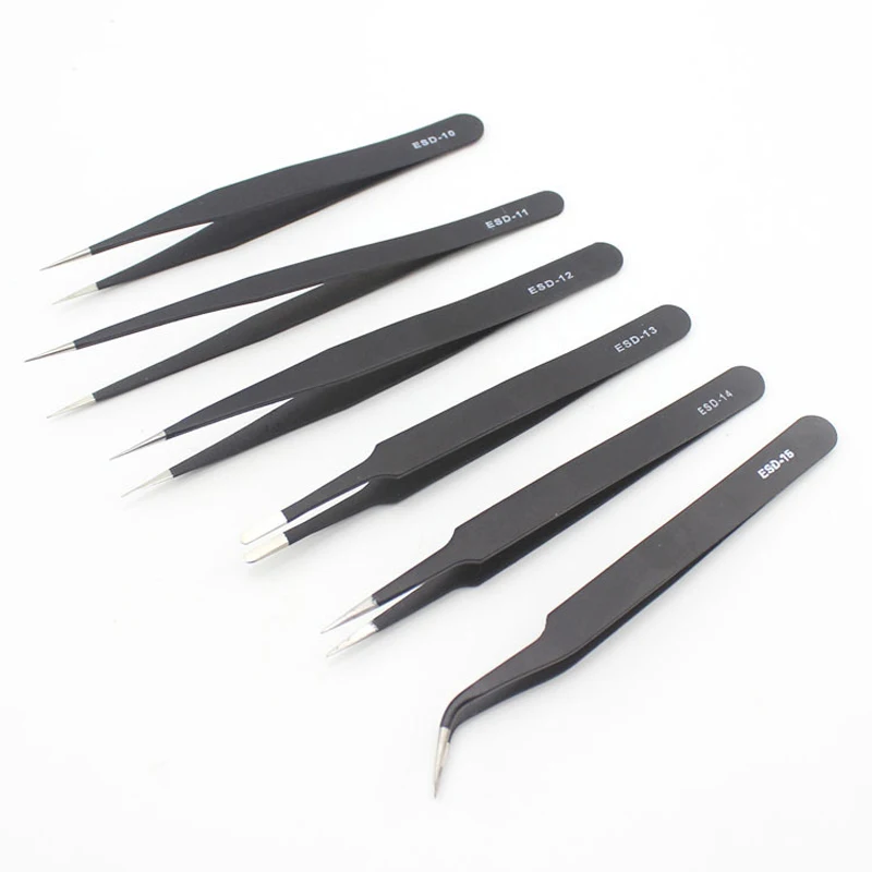 Anti-static ESD Stainless Steel Tweezers 1/6 PCS Maintenance Tools Industrial Precision Curved Straight Tweezers Repair Tools