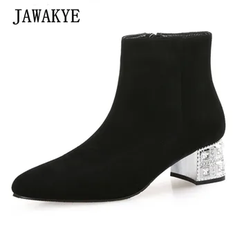 

Sexy Crystal chunky Heels Black Winter Boots Runway Pointed Toe Genuine Leather Ankle Boots Diamond Thigh High Booties For Women