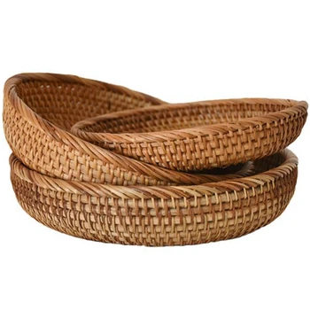 

Rattan Woven Fruit Basket Round Woven Storage Basket Dim Sum Basket Living Room Bedroom Desktop Basket