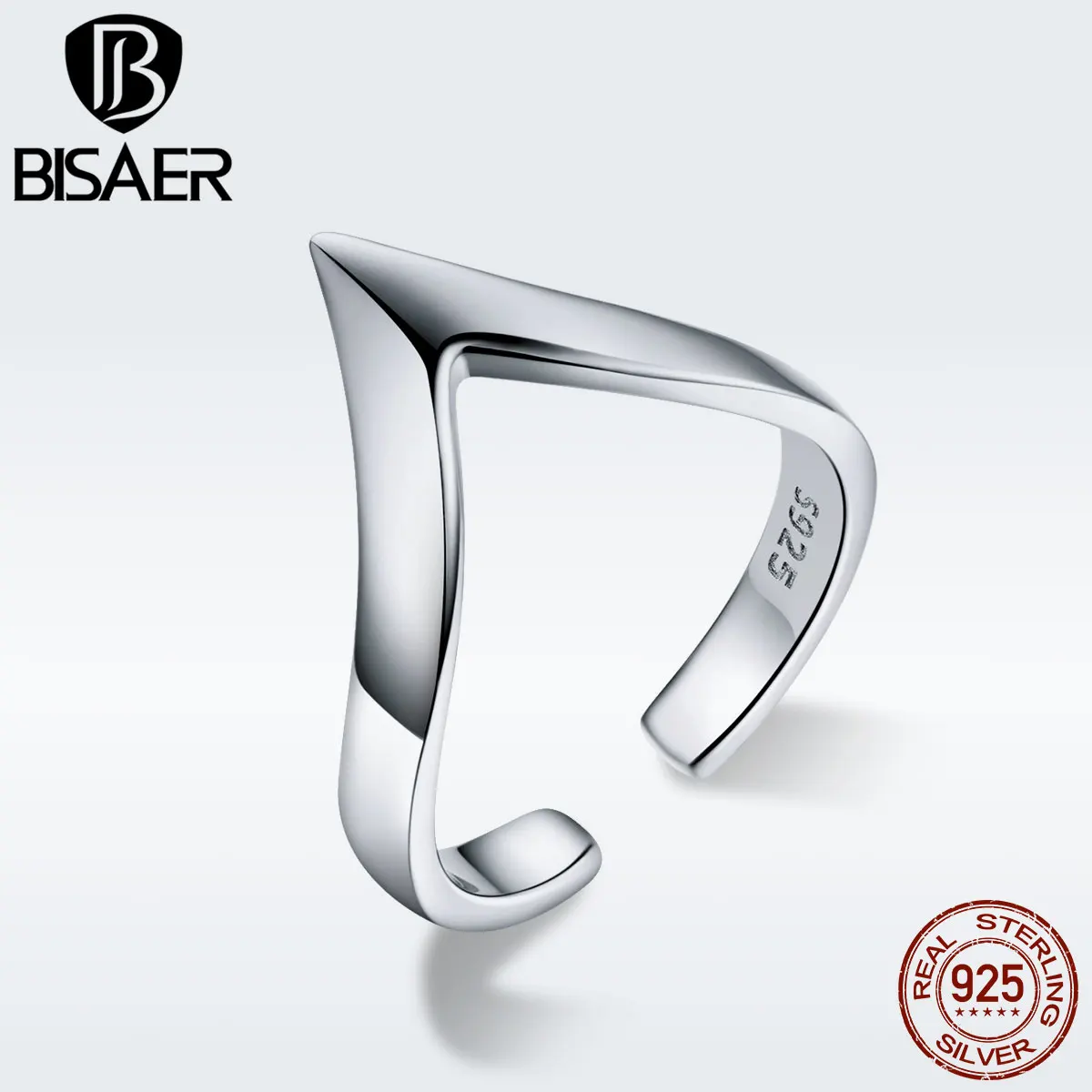 BISAER, настоящее 925 пробы, серебро, V, геометрический, v-образная форма, открытые, регулируемые кольца для женщин и мужчин, модные, массивные ювелирные изделия GXR470