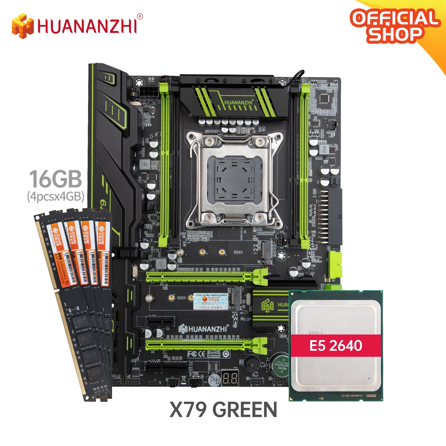 HUANANZHI X79 GREEN motherboard with Intel XEON E5 2640 4*4GB DDR3 NON-ECC memory combo kit set SATA USB 3.0 PCI-E NVME M.2 | Компьютеры и