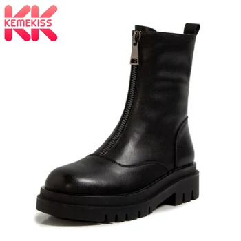 

KemeKiss Real Leather Women Mid Calf Boots Zipper Round Toe Shoes Winter Warm Boots Women Fashion Party Footwear Size 34-40