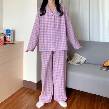 

puple green korea style casual plaid long pajamas women sleepwear sets simple plus size nightwear ladies home clothes 2pcs Y011