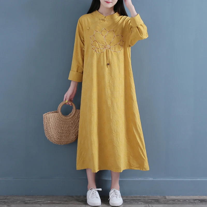 

Women Vintage Dress Autumn Spring 2019 Cotton Linen Embroidered Jacquard Long-sleeved Dress Mori Girl Loose Women Robe