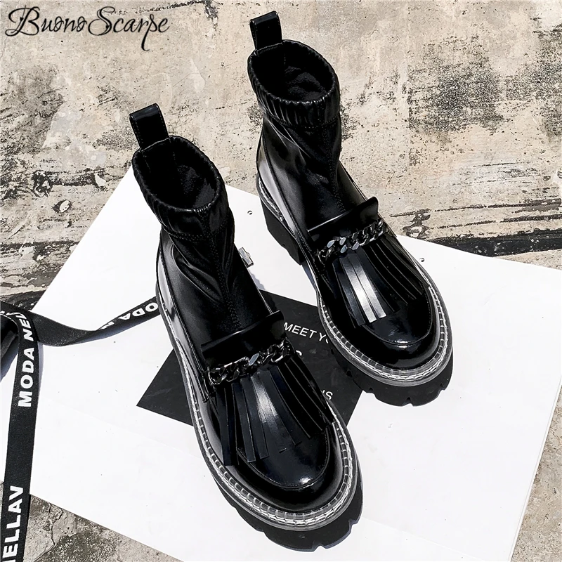 Buono Scarpe/женские ботильоны с металлическими цепочками; полуботинки с эластичными кисточками; черная обувь на платформе в стиле панк; Mujer; женские носки;