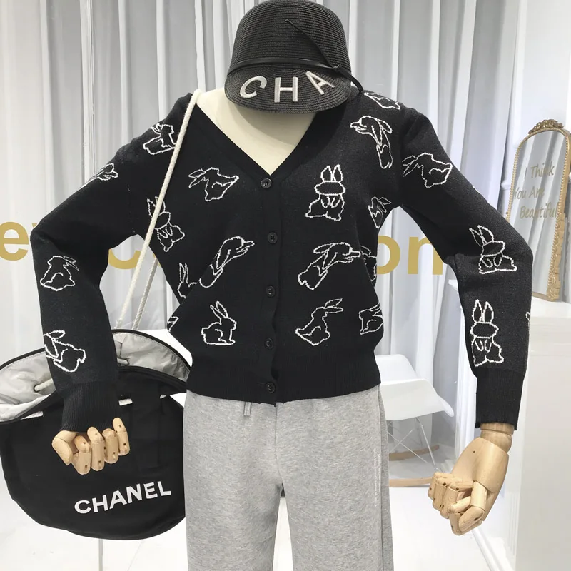 ALPHALMODA Ранняя осень женские тонкие вязаные кардиганы милый рисунок кролика женские модные вязаные свитера с длинными рукавами