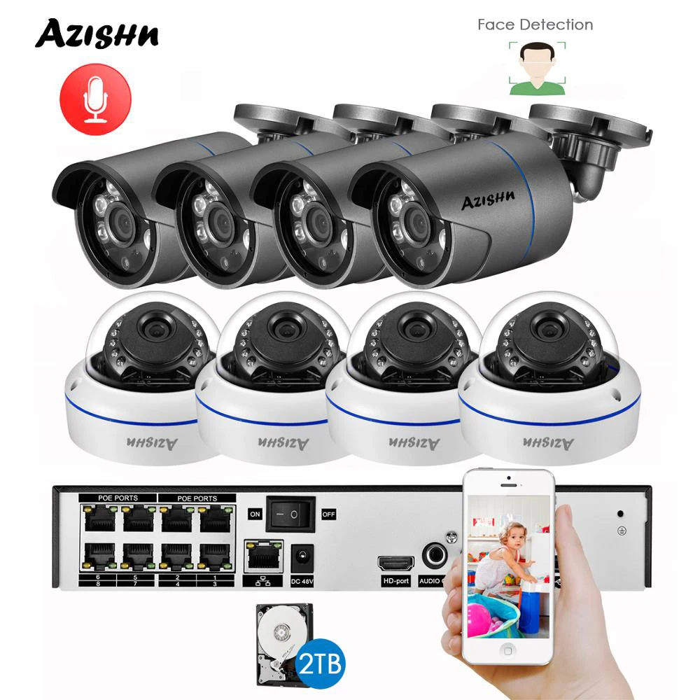 AZISHN-sistema de detección facial H.265 + 8 canales Kit de NVR POE de 5MP, sistema de Audio CCTV, cámara IP de 5MP, Metal P2P, juego de vigilancia de vídeo de exterior para interior