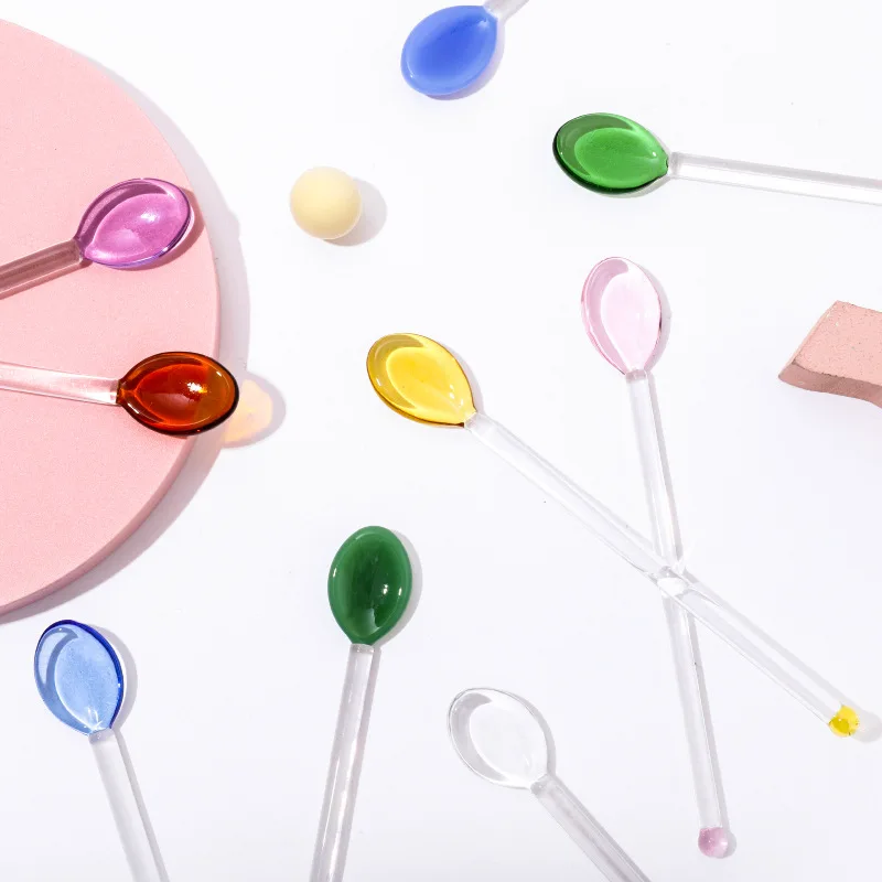 Household Coffee Spoon Long HandleJuice Adding  Glass Spoon  Heart Colorful Glass Stirring Rod