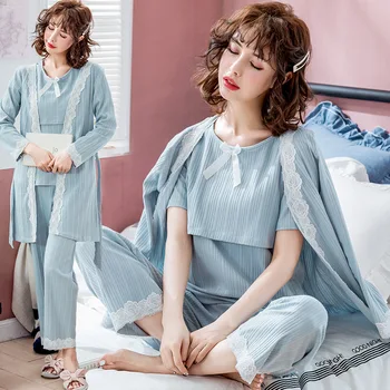 

Lace Flower White Edge Sy Pregnant Women Confinement Clothing Three-piece Set Pure Cotton Long Sleeve Pajamas Homewear Se