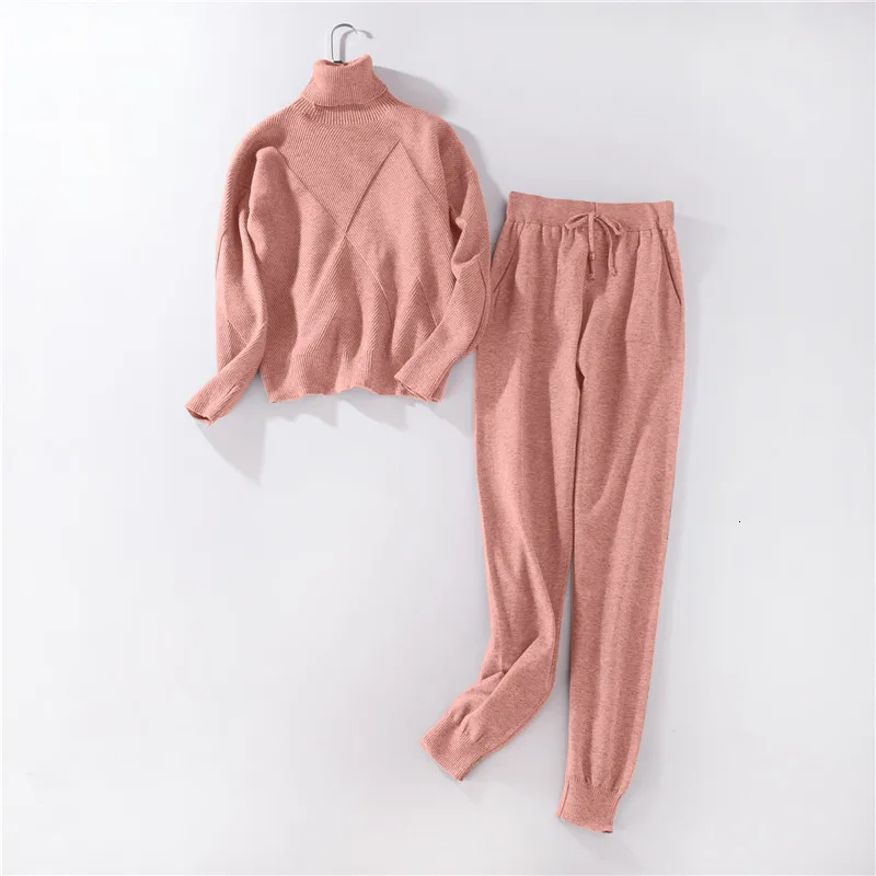 Зимний вязаный теплый костюм, Повседневный свитер с высоким воротником, свитер, штаны, свободный стиль, вязаные комплекты из двух предметов - Цвет: Розовый