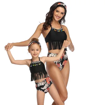 

2020 New parent-child swimsuit tassel split bikini swimsuit mother daughter swimming dresses