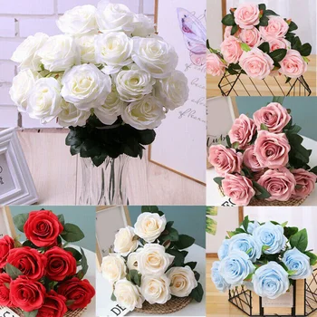 

10 Heads Artificial Rose Bouquet Silk Fake Flowers Wedding Party Bedroom Decor Red, Gray Purple, White