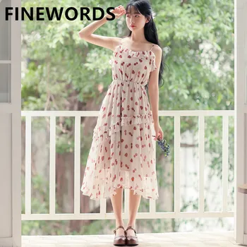 

FINEWORDS Vintage Floral Chiffon Summer Beach Dress Sexy Sling Sleeveless Printed Bohemian Dress Kawaii Janpan Ladies Dresses